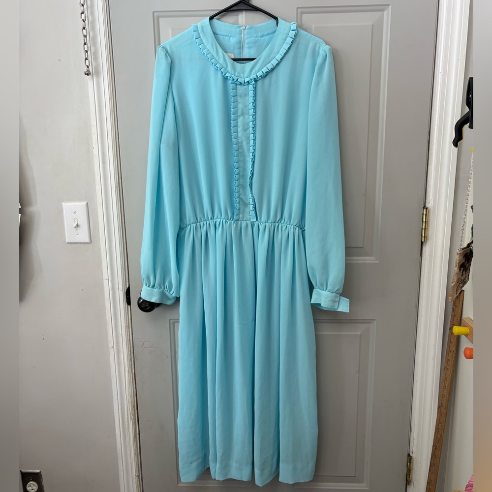 Stunning 70’s Powder Blue Long Sleeve Ruffle maxi Dress